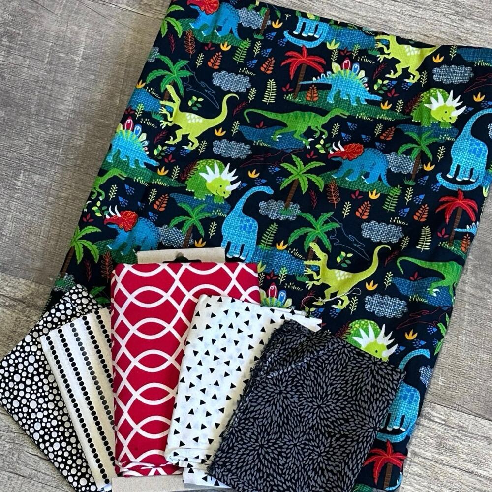 Fabric Bundle Cotton Dinos 1/2yd ~ Red Loopy 1yd ~ Black White 4pc Fat Quarters